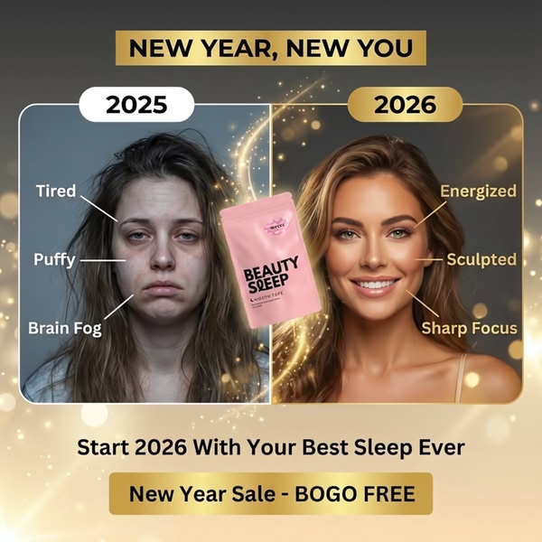 This 1:1 square ad uses a split-screen comparison to contrast the physical state of a user in 2025 versus 2026 after using the product.